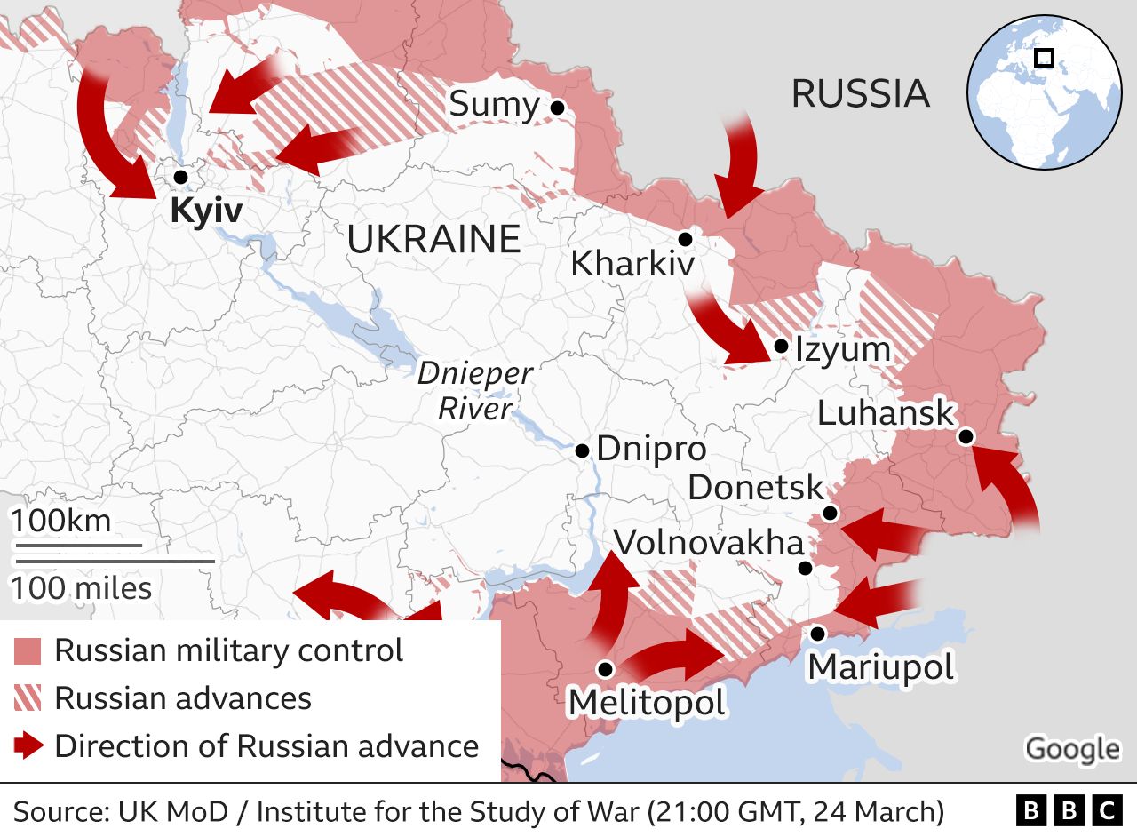 Mapa ruského postupu na Ukrajine (Zdroj BBC)